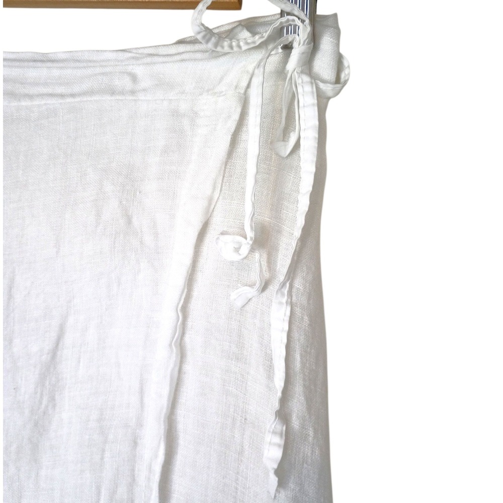 White Linen Wrap Midi Skirt Elastic Back Side Tie Coastal Minimalist Pocket - Picture 2 of 11